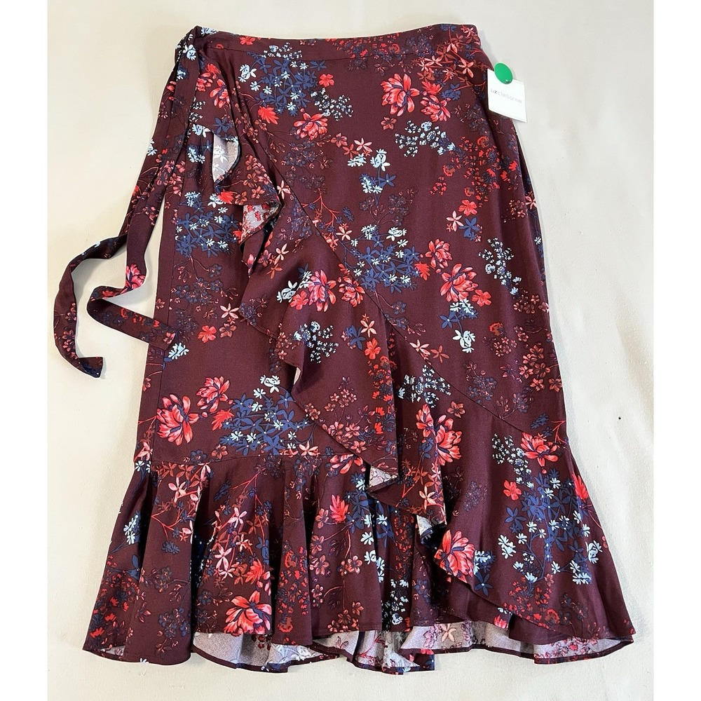 Liz Claiborne  Maroon Floral Ruffled Skirt  100% Rayon‎ Sz 4 Women's NWT